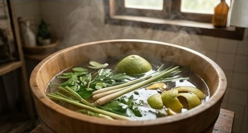 Chậu nước ấm ngâm các loại thảo mộc tinh dầu như sả chanh và bưởi dùng để thanh tẩy năng lượng tiêu cực