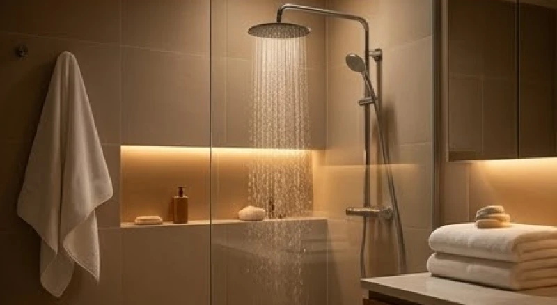 Nước chảy từ vòi sen trong phòng tắm hiện đại với ánh sáng ấm áp mang lại cảm giác thanh tẩy nhẹ nhàng.