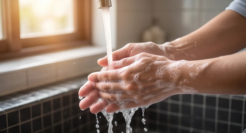 Dòng nước mát lạnh chảy xuống đôi bàn tay đang rửa sạch xà phòng thể hiện việc gột rửa muộn phiền