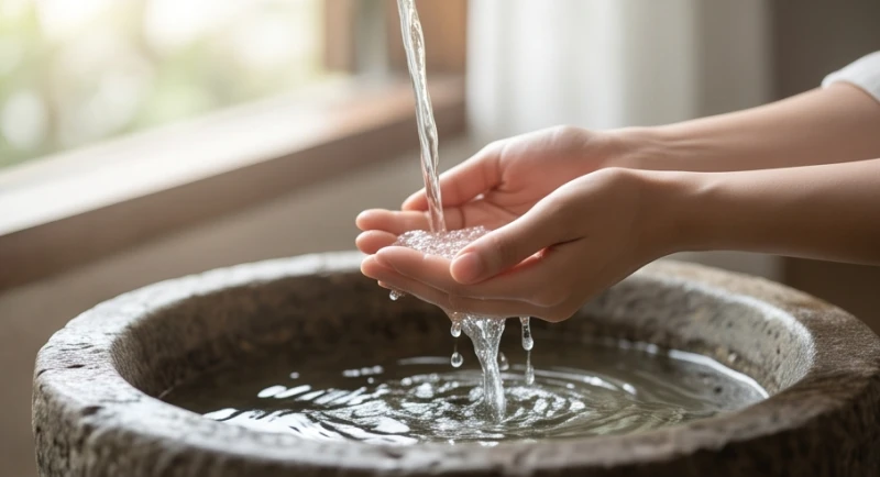 Mơ thấy đi tắm: Phân tích tâm lý, điềm báo và cách hóa giải 2 Đôi bàn tay nhẹ nhàng hứng dòng nước trong veo mát lạnh để rửa mặt vào buổi sáng