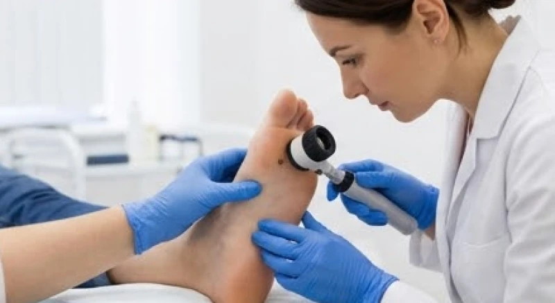 Bác sĩ da liễu dùng kính lúp chuyên dụng kiểm tra nốt ruồi trên da bệnh nhân