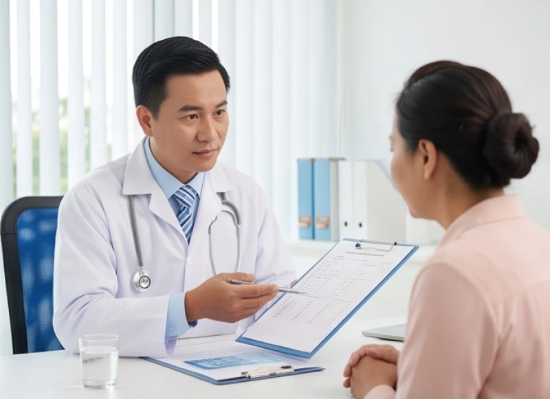 Sức khỏe tuổi Tỵ năm 2026: Phác đồ y khoa và lịch khám 1 Bác sĩ chuyên khoa tiêu hóa đang kiểm tra hồ sơ sức khỏe và giải thích cho bệnh nhân