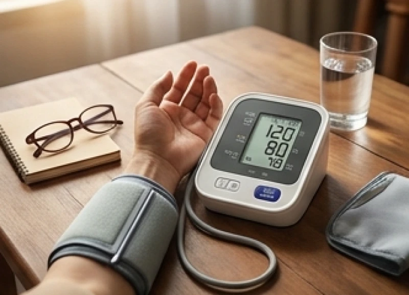 Máy đo huyết áp điện tử đặt ngay ngắn trên bàn cạnh cuốn sổ tay ghi chép sức khỏe hàng ngày