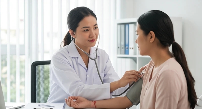 Bác sĩ kiểm tra nhịp tim cho bệnh nhân giúp loại trừ các bệnh lý gây ra giấc mơ thấy mình chết