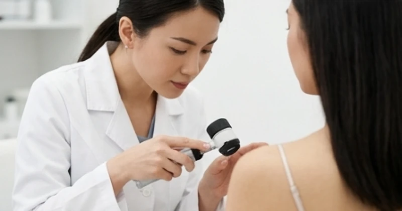 Nốt ruồi ở ngực trái nữ: Ý nghĩa vận mệnh và cách nhận biết bệnh lý 6 Bác sĩ da liễu sử dụng thiết bị soi da chuyên dụng để kiểm tra biểu hiện bất thường của nốt ruồi