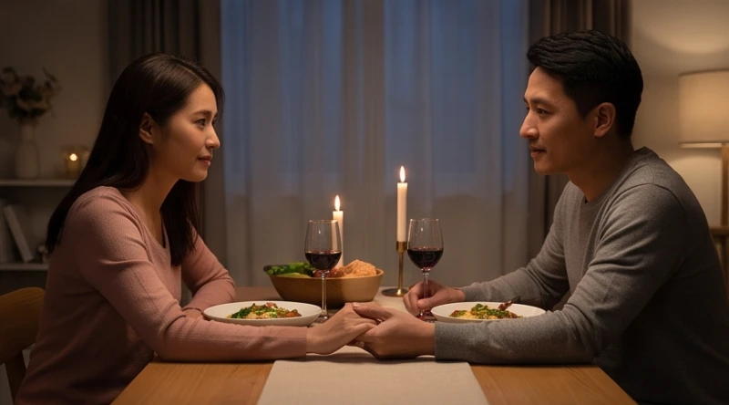 Hai vợ chồng thấu hiểu và chia sẻ những bất an trong bữa ăn tối ấm cúng cùng nhau