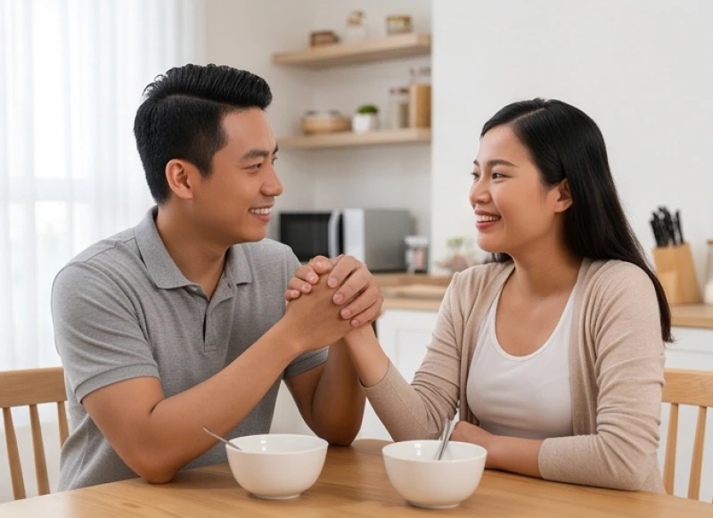 Mơ thấy sinh con khi đang mang thai: Giải mã theo tam cá nguyệt 7 Vợ chồng trẻ ngồi trò chuyện vui vẻ bên nhau để giải tỏa những căng thẳng thai kỳ