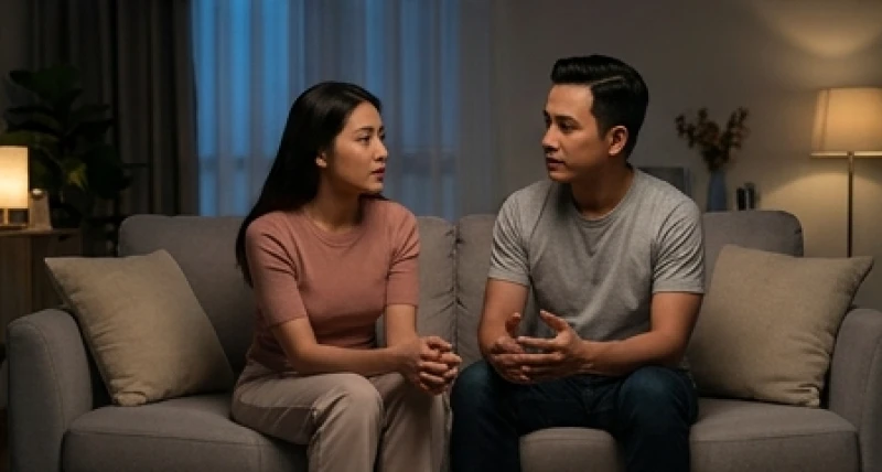 Hai vợ chồng ngồi cạnh nhau trên ghế sofa cùng trò chuyện chân thành nhằm giải tỏa những bất an giấu kín trong lòng