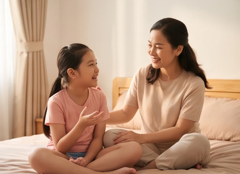 Người mẹ ngồi trò chuyện và kiên nhẫn lắng nghe những chia sẻ của con gái