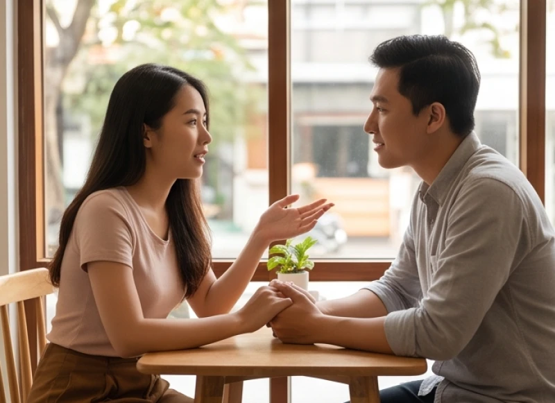 Cặp đôi trẻ đang ngồi trò chuyện chân thành và thấu hiểu tại một quán cà phê tĩnh lặng