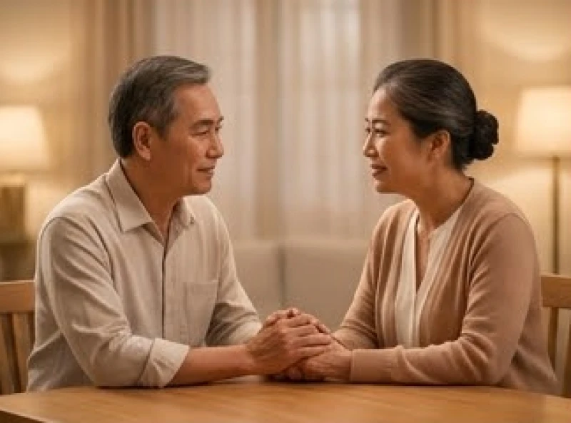 Cặp đôi trưởng thành ngồi đối diện nhau, ánh mắt chân thành và thấu cảm khi cùng giải quyết mâu thuẫn