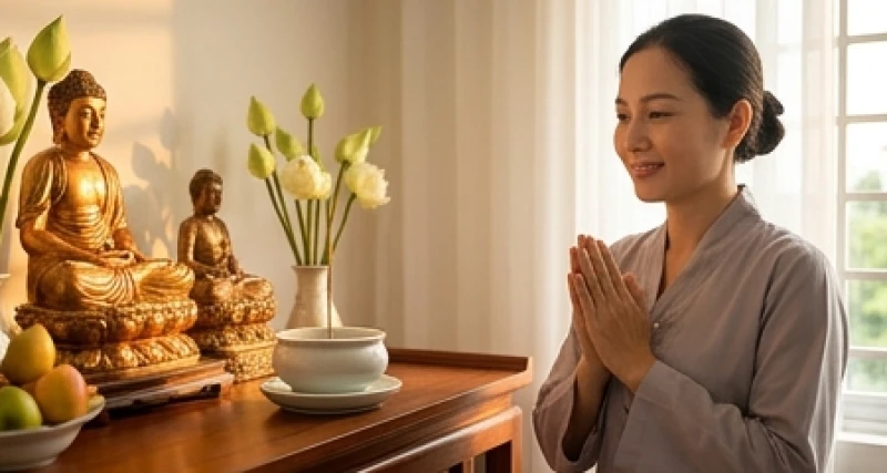 Nữ gia chủ mặc trang phục kín đáo, chắp tay với nụ cười bình an trước không gian thờ Phật ngập tràn ánh sáng