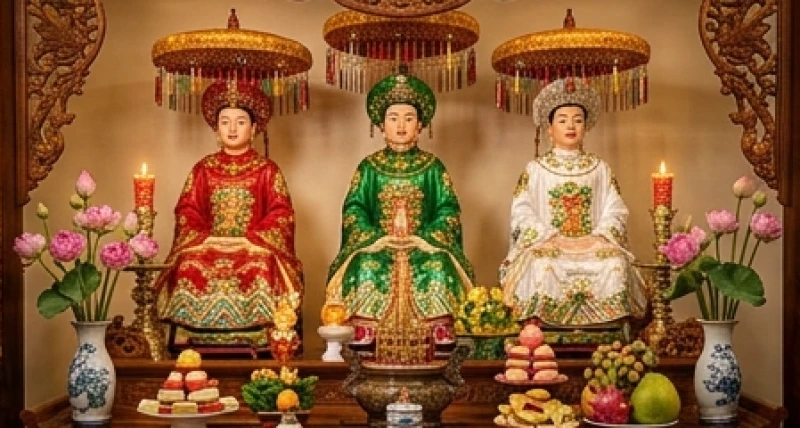 Văn khấn Mẫu: Bài cúng chuẩn nghi thức và sắm lễ bài bản 1 Tượng Tam Tòa Thánh Mẫu trong trang phục màu đỏ, xanh lá và trắng ngự trên ban thờ uy nghi tại đền thờ