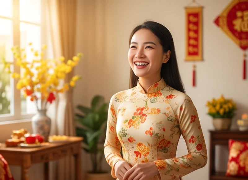 Mơ thấy chúc Tết: Giải mã chi tiết điềm báo và con số tài lộc 3 Nụ cười tươi tắn của một người phụ nữ trong tà áo dài khi tận hưởng không khí xuân rộn ràng