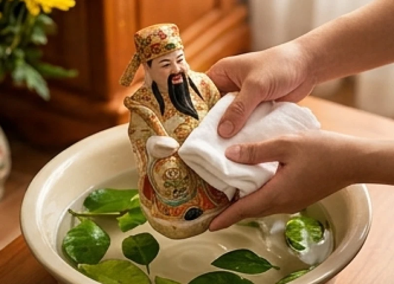 Văn khấn Thần Tài: Bài cúng chuẩn nghi thức cho từng dịp 6 Dùng khăn sạch và nước đun từ lá bưởi để lau dọn tượng Thần Tài và Ông Địa