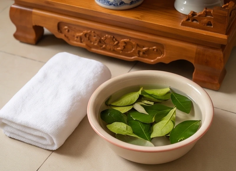 Chậu nước ấm pha lá bưởi xanh mát kèm chiếc khăn sạch chuyên dụng dùng để bao sái và tắm cho tượng Thần Tài