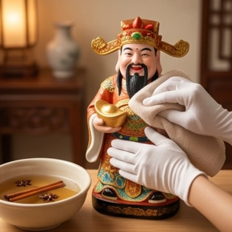 Gia chủ cẩn thận dùng nước thảo mộc để lau dọn và tắm tượng Thần Tài Thổ Địa
