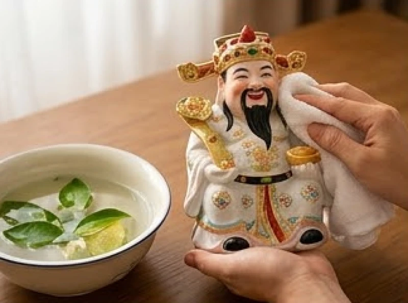 Lau dọn và tắm tượng Thần Tài bằng dung dịch nước pha lá bưởi