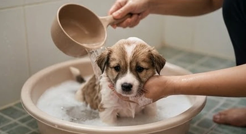 Mơ thấy tắm cho chó: Giải mã điềm báo và con số may mắn 4 Chú chó con đáng yêu đang được dội từng gáo nước ấm pha xà phòng dịu nhẹ trong chậu nhỏ