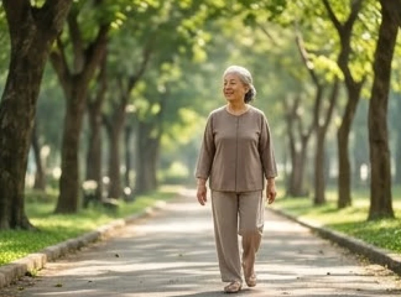 Tử vi trọn đời tuổi Bính Thân 1956 nữ mạng: Hậu vận & dưỡng mệnh 7 Cụ bà đang nhẹ nhàng tản bộ dọc theo con đường nhỏ rợp bóng cây xanh tại một khu công viên vô cùng yên tĩnh