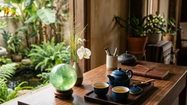 Không gian làm việc bài trí quả cầu thạch anh xanh và vật phẩm phong thủy mang lại vượng khí cho người tuổi tân dậu