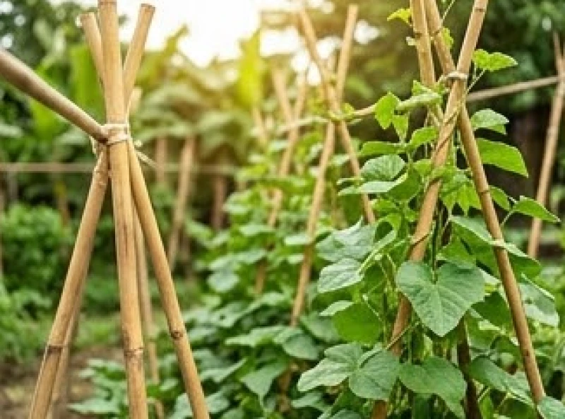 Thân cây tre nêu được chẻ nhỏ làm cọc cắm hỗ trợ giàn trồng rau trong khu vườn