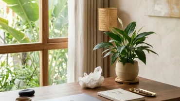 Góc làm việc hiện đại bày trí cây lan ý và thạch anh trắng hợp phong thủy cho tuổi tân hợi