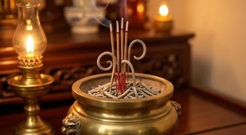 Bát hương trên bàn thờ gia tiên với những tàn hương cuộn tròn đẹp mắt, ngọn đèn dầu cháy sáng rực rỡ