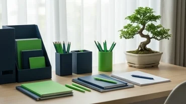 Học sinh tuổi Tân Mão 2011 mệnh Mộc bên góc học tập màu xanh lá cây và xanh dương