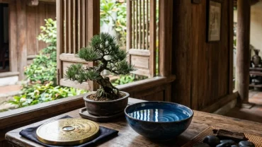 Ảnh biểu tượng phong thủy tuổi Tân Mão với la bàn, cây tùng bách và bát nước xanh dương trên bàn gỗ truyền thống Việt Nam