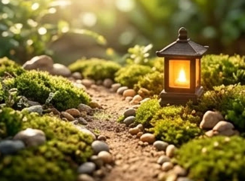 Tiểu cảnh khu vườn thiền với con đường đất nhỏ và chiếc đèn lồng tỏa sáng vàng đại diện cho Thổ và Hỏa