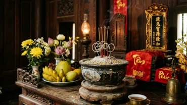 Hình ảnh bát hương trên bàn thờ gia tiên giúp giải đáp thắc mắc tàn nhang cong là điềm gì theo phong thủy và khoa học