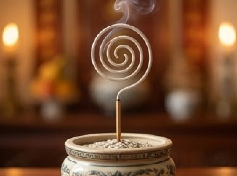 Nén nhang đang cháy trên bàn thờ với phần tàn uốn cong thành nhiều vòng đan xen vào nhau tuyệt đẹp