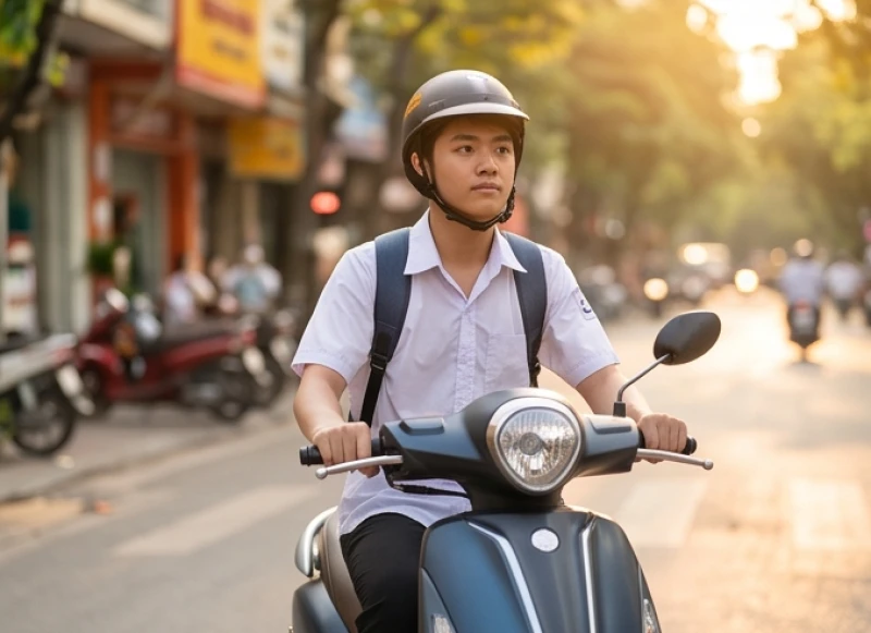 Tân sinh viên đang cẩn thận điều khiển xe máy điện trên con đường đông đúc đến trường