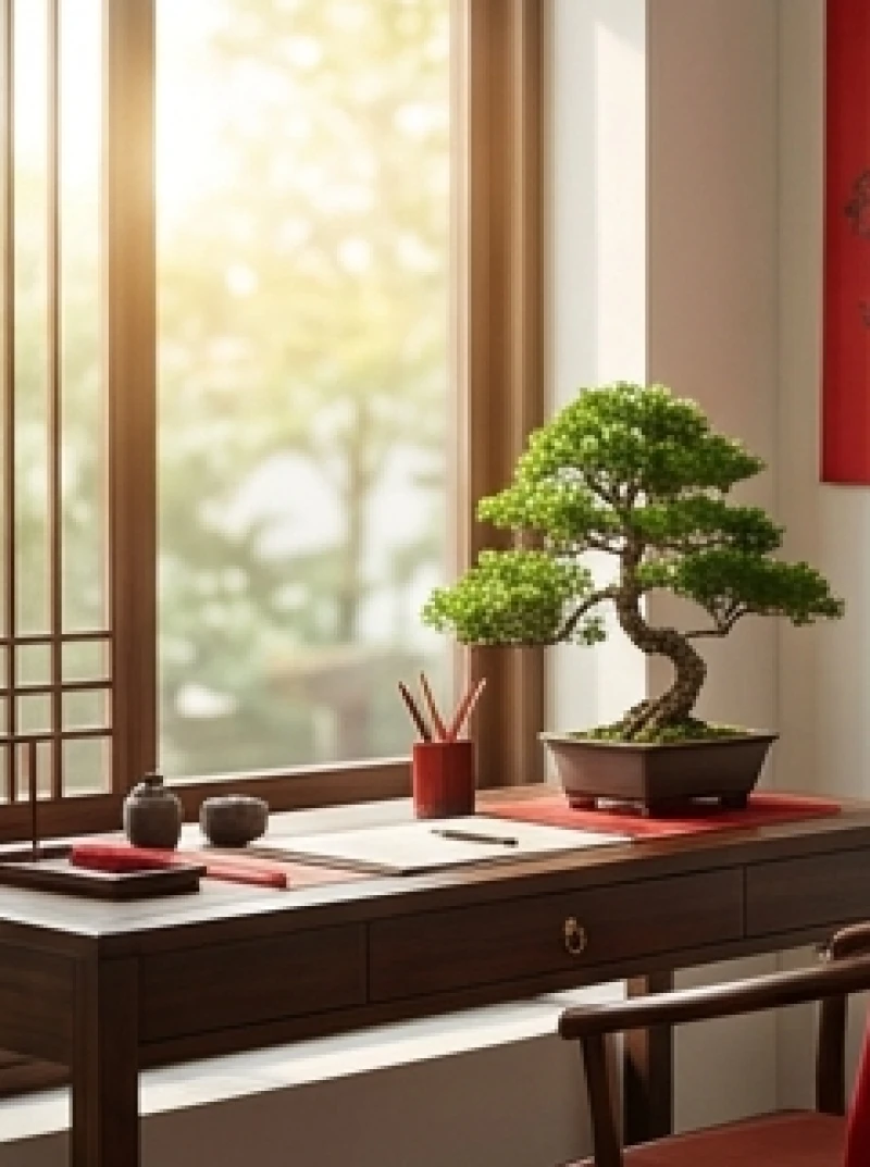 Góc làm việc được bố trí quay về hướng Nam với ánh sáng ngập tràn và cây cối tươi mát