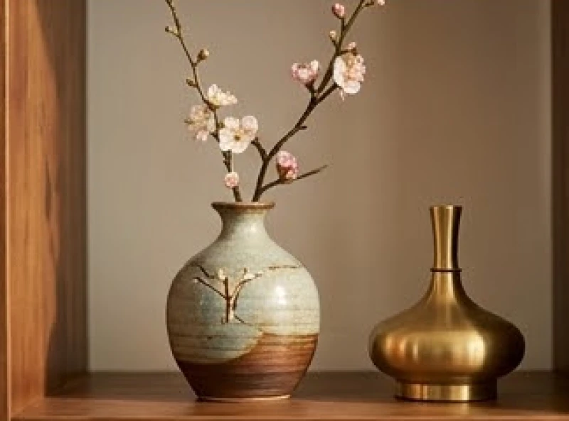 Đồ trang sức bằng vàng lấp lánh đặt cạnh bình gốm sứ mộc mạc thể hiện sự bao bọc của hành Thổ đối với Kim