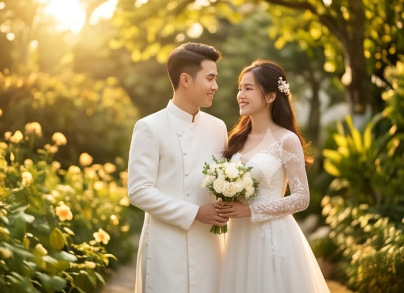 Tuổi Tỵ Nên Cưới Vào Năm Nào: Cách Chọn Năm Và Tháng Đại Lợi 11 Cặp đôi tuổi Tân Tỵ rạng rỡ chụp ảnh cưới ngoại cảnh với ánh nắng vàng rực rỡ tượng trưng cho điềm lành