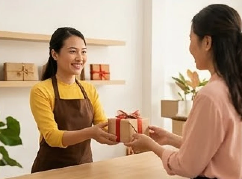 Nhân viên bán hàng vui vẻ gói một món quà nhỏ nhắn tặng kèm cho khách để chốt đơn hàng nhanh chóng
