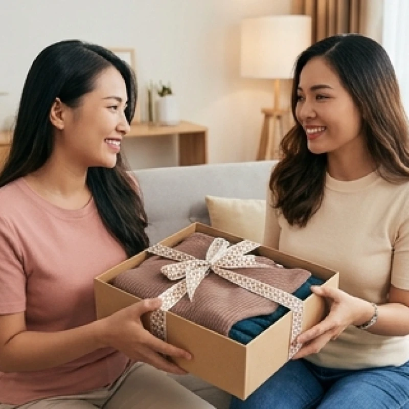 Mơ thấy mua quần áo: Giải mã chi tiết và bảng tra số tài lộc 3 Hai người phụ nữ vui vẻ trao cho nhau hộp quà chứa bộ quần áo mới được gói cẩn thận
