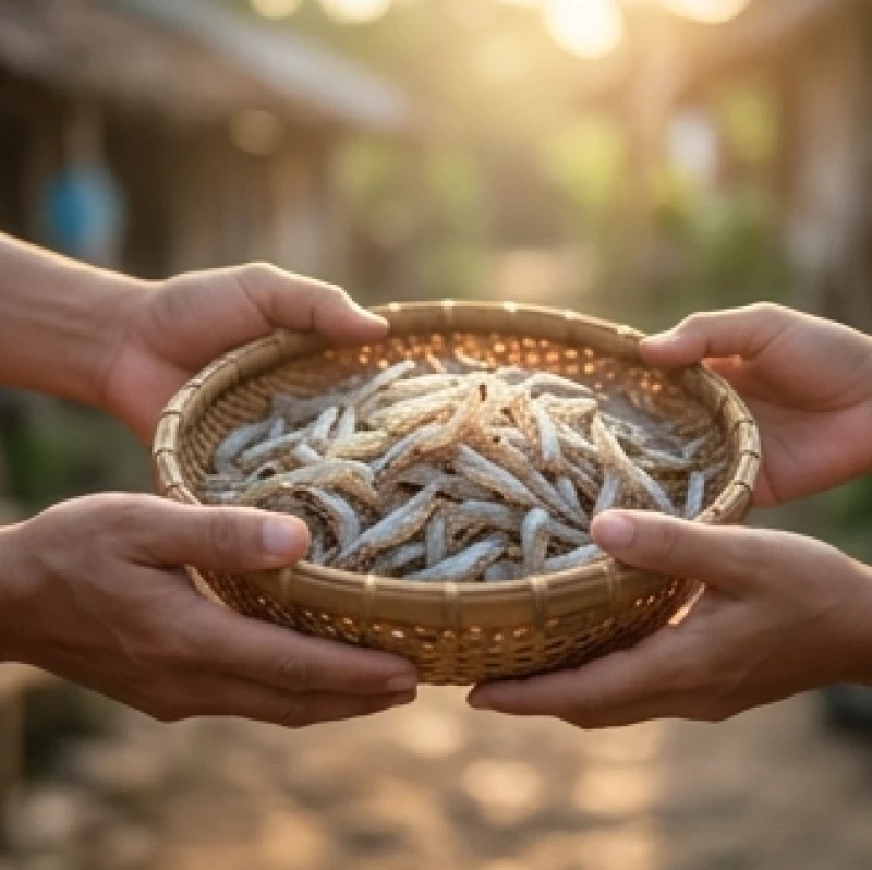 Đôi bàn tay nhẹ nhàng trao tặng một rổ tre đan chứa đầy tép đồng tươi roi rói dưới ánh nắng mai ấm áp