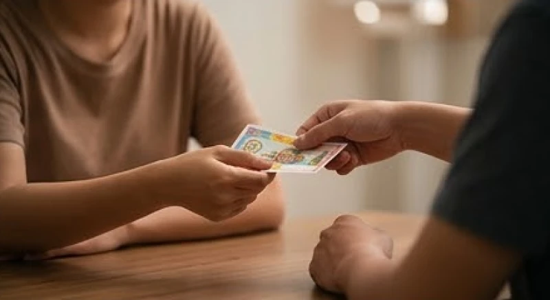 Bàn tay trao tặng tờ vé số may mắn cho người thân kèm theo sự trân trọng