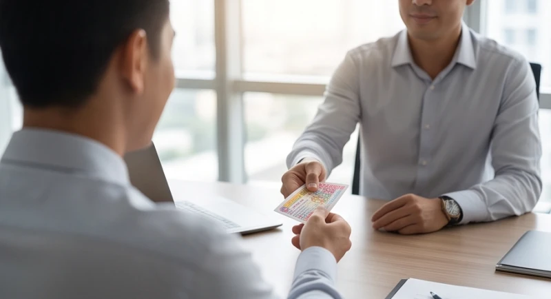Một bàn tay nam giới đang đưa tờ vé số may mắn cho người đồng nghiệp tại không gian văn phòng