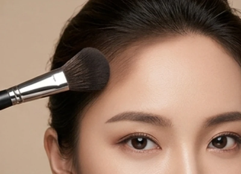 Thao tác dùng cọ trang điểm tán đều phấn khối tối màu dọc theo đường chân tóc để che phủ tướng trán dô