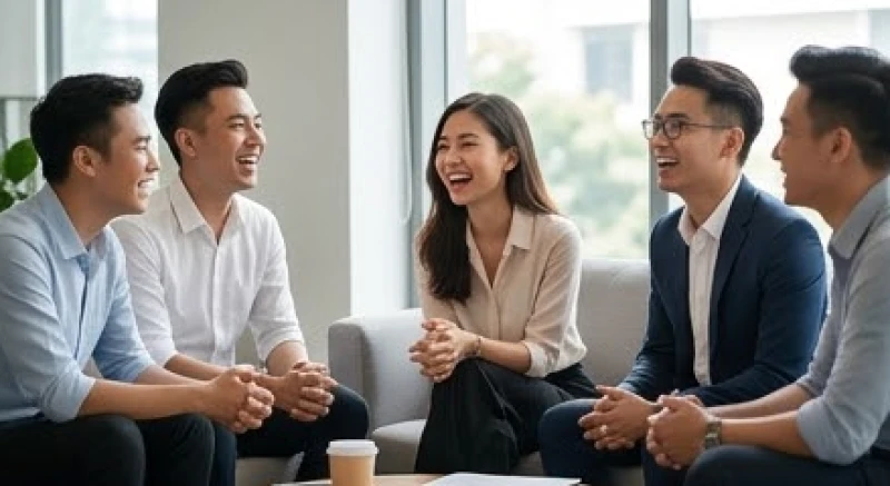 Nhóm bạn bè thể hiện tướng người cười lớn tạo nên bầu không khí giao tiếp cởi mở và nhiệt tình
