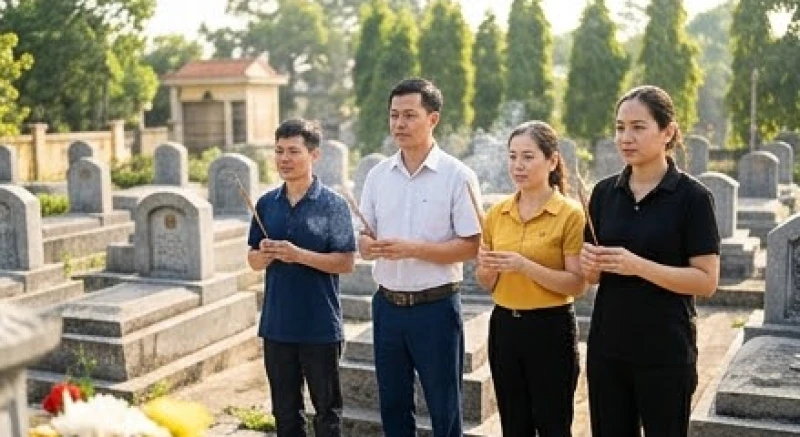 Gia đình tề tựu trang nghiêm thực hiện nghi thức cúng gia tiên ngoài nghĩa trang