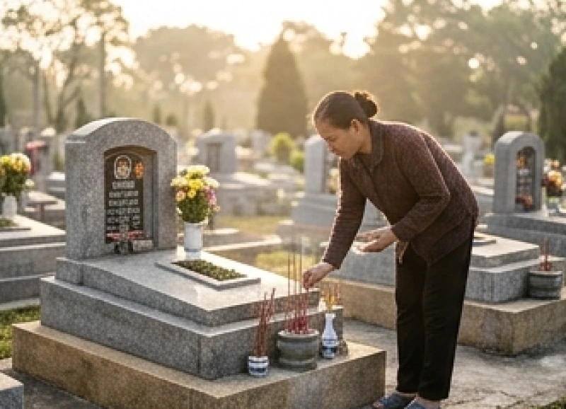 Văn khấn mời gia tiên về ăn Tết: Bài cúng ngoài mộ và tại gia 5 Con cháu thành tâm lau dọn bia mộ và thắp hương thỉnh mời chư vị thần linh cùng gia tiên ngoài nghĩa trang