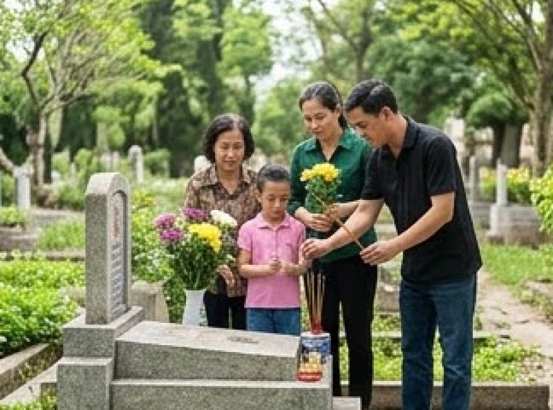 Văn khấn tảo mộ chuẩn cổ truyền và trình tự thực hiện bài bản 2 Gia đình cùng nhau vãn cảnh và chăm sóc phần mộ tổ tiên giữa không gian xanh mướt của tiết Thanh Minh