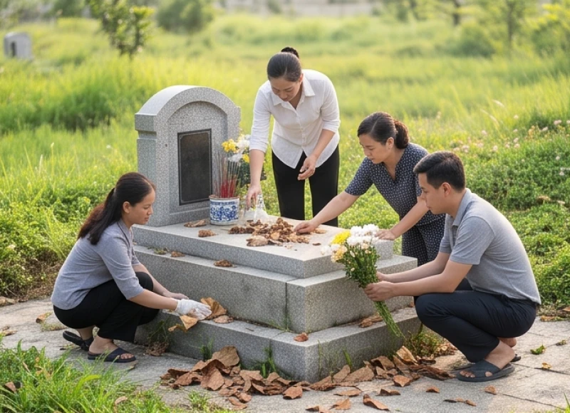 Gia đình đang dọn dẹp cỏ dại và lau chùi sạch sẽ phần mộ tổ tiên trong dịp tạ mộ và tiết Thanh minh