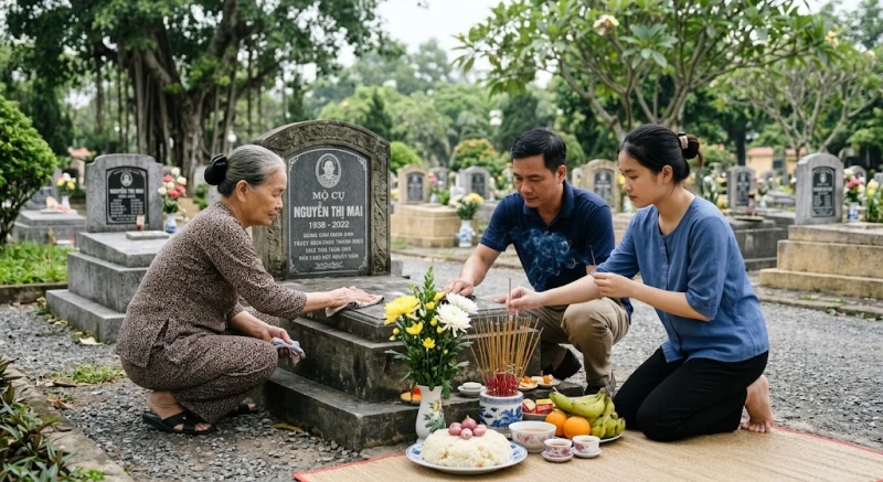 Văn khấn gia tiên ngày giỗ: Bài khấn chuẩn và quy tắc xưng hô 12 Con cháu thành kính lau chùi bia mộ và thắp hương yết cáo Thổ thần trước khi mời vong linh về nhà