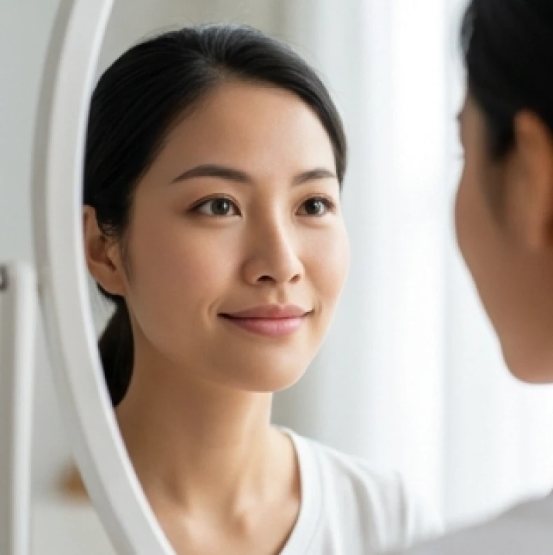 Người phụ nữ thực hành mỉm cười trước gương giúp nâng rãnh cơ trễ quanh khóe miệng